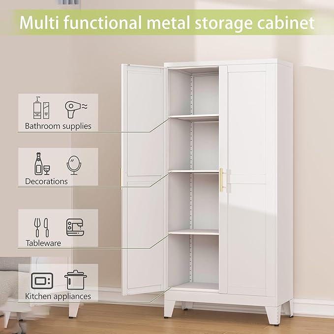 Metal Pantry Cabinet, Kitchen Pantry Storage Cabinets with 2 Door and 3 Adjustable Shelves, White Kitchen Pantry Cabinet, Freestanding Cupboard for Dining Room Living Room Bathroom-Ruum Studio Home