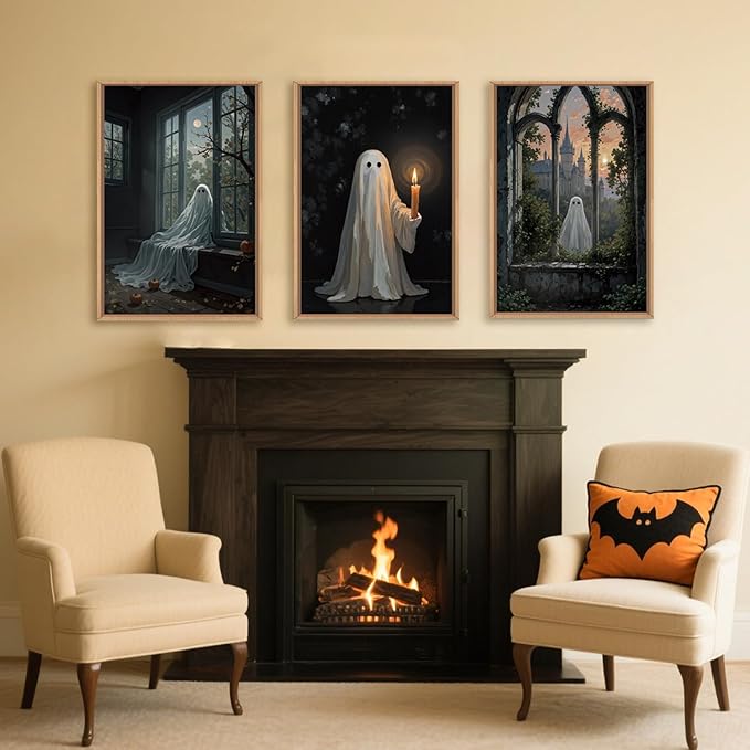 LHIUEM Large Halloween Cute Ghost Framed Canvas Wall Art Set,Vintage Spooky Wall Decor,Retro Dark Prints,Midnight Candle Poster Artwork for Living Room,Bathroom,Dining Room -16"x24"x3-Ruum Studio Home