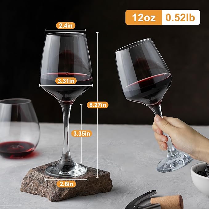 Crystal Wine Glasses Set of 6-12oz Long Stem Wine Glass, Clear Pretty Crystal Glassware, Hand Blown Drinkware, Unique Stemware Wine Glass Holiday Gift Set-Ruum Studio Home