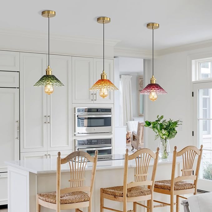 3-Pack Pendant Lights, Modern Glass Ceiling Hanging Light Fixtures,Adjustable Three Color Glass Shades Vintage Gold Chandeliers for Kitchen Island Dining Room Livingroom Entryway Farmhouse Bar-Ruum Studio Home
