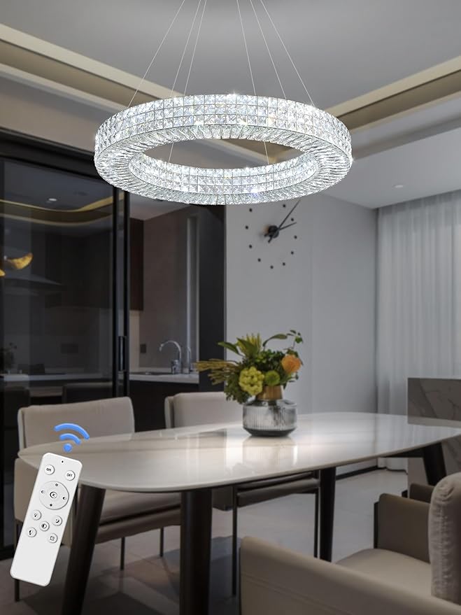 Dia 32" Ring Crystal Chandelier Modern Silver Ring Chandelier Adjustable Height Luxury Crystal Pendant Ceiling Light Fixture for Dining Living Room Bedroom-Ruum Studio Home