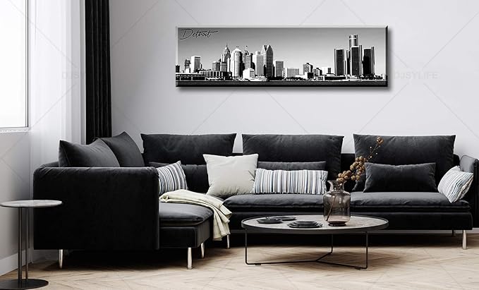DJSYLIFE Detroit Skyline Wall Art Black and White Canvas Prints USA Skyscraper Panoramic Cityscape Picture for Bedroom Office Home Decoration Ready to Hang 13.8" x 47.3"-Ruum Studio Home