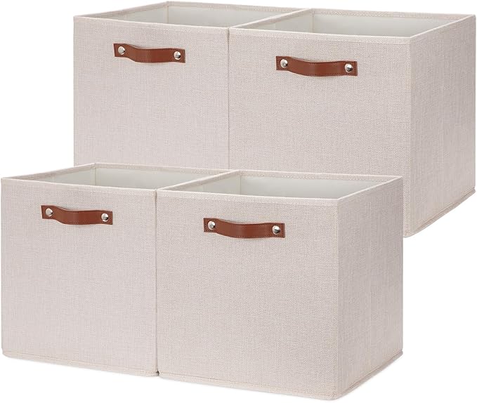 HNZIGE Foldable Storage Cubes Bins for Organizing, Set of 4, Fabric Cube Canvas Storage Bins 11 x11, Collapsible Bins for Organization with Handles for Shelf Nursery(Beige)-Ruum Studio Home