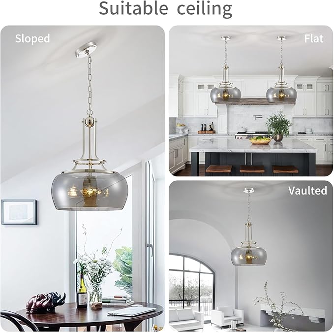 WUZUPS Nickel Chandelier Rustic Farmhouse Industrial Round Ceiling Pendant LED Light Fixture Electroplated Gray Glass Shade for Dining Room Kitchen Island Foyer Entryway, H 20.9" W 15.9", E26 Base-Ruum Studio Home