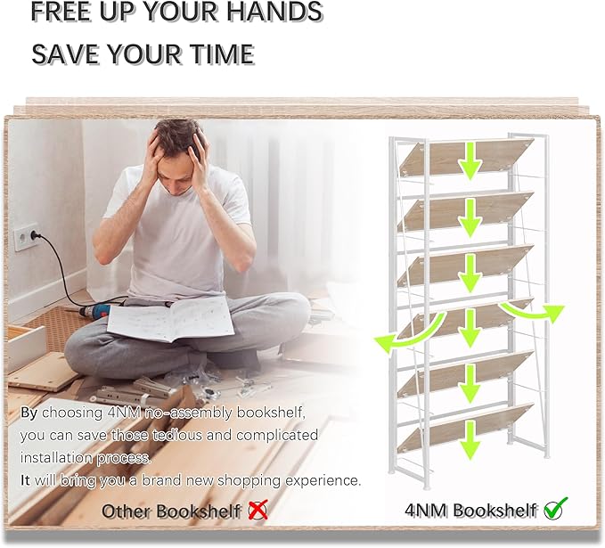 4NM No Assembly Foldable Bookshelf, 6-Shelf Collapsible Bookcase Storage for Small Spaces, 74" H, Natural White-Ruum Studio Home