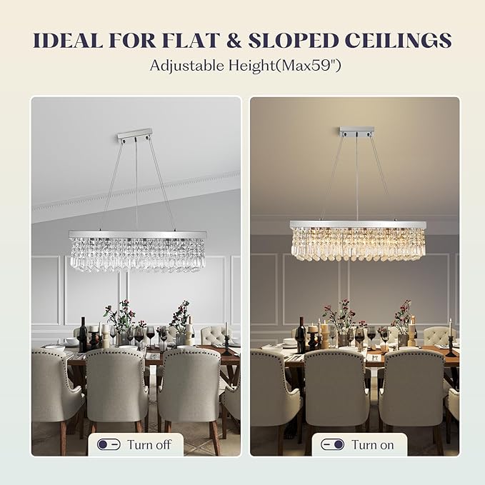 Modern Crystal Chandelier for Dining Room,6 Light K9 Crystal Rectangle Chandelier, Rectangular Pendant Ceiling Light Fixture for Living Room Kitchen Island L31.5''xW10''xH10''-Ruum Studio Home
