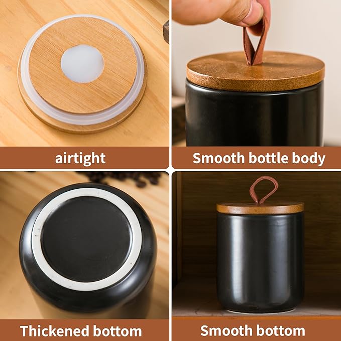 Black Ceramic Canister Set, 3pcs Ceramic Kitchen Canisters for Countertop with Airtight Wood Lids, Large Flour and Sugar Containers for Coffee, Tea, Spice-Ruum Studio Home