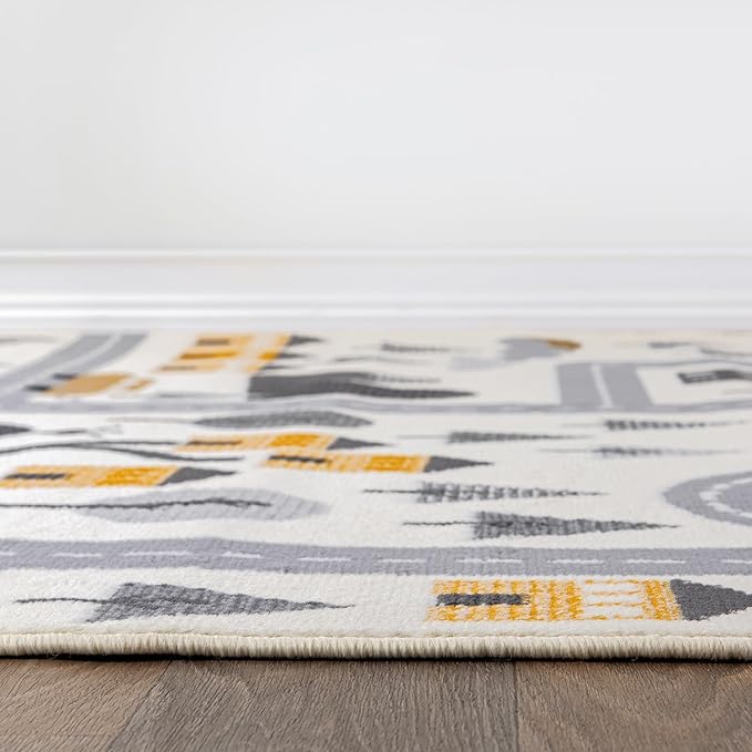 Rugshop Kids Play Road Rug for Playroom,Kidsoom,Nursery Room Interactive Cityscape for Cars and Toys Indoor Soft Runner Rug 2'x7' Cream-Ruum Studio Home