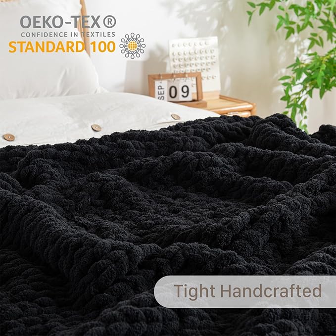 Chunky Knit Blanket Throw, 100% Hand Knit Throw Blanket Handmade Chenille Cable Knit Throw for Couch, Stylish Cozy Soft Rope Knot Crochet Blanket for Home Decor, Black, 50x60 Inches-Ruum Studio Home