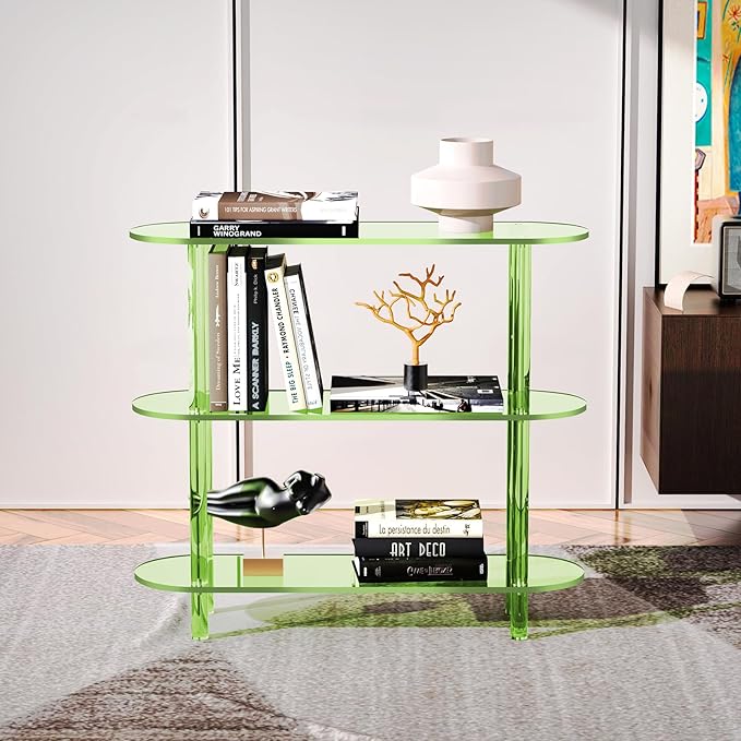 Clear Bookshelf, Acrylic Bookcase with Open Book Shelf Console Table for Entryway Office (3 Tier Green)-Ruum Studio Home