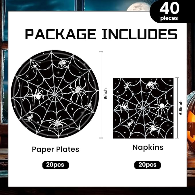 40Pcs Halloween Paper Plates and Napkins Party Supplies, Spider Web Plates Napkins Disposable Dinnerware Set for Spooky Halloween Party Decorations-Ruum Studio Home