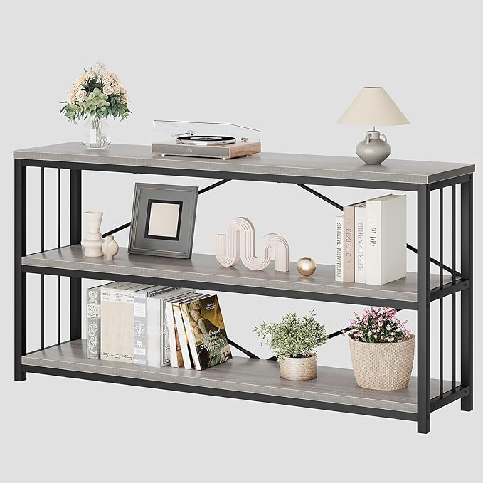 LVB Long Console Table with Storage, Farmhouse Rustic Skinny Entryway Table, Modern Wood Metal Hallway Sofa Table with Shelf, Industrial Narrow Couch Entry Table for Foyer Living Room, Light Grey, 63-Ruum Studio Home