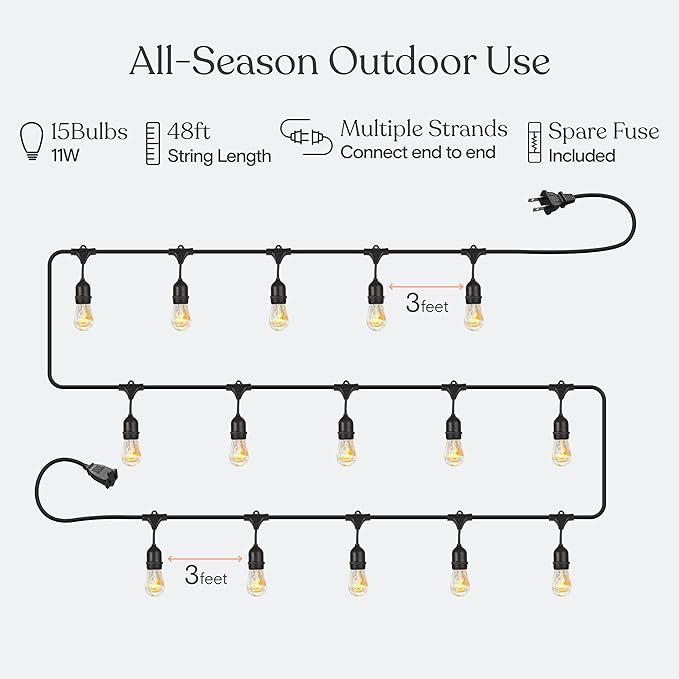 Brightech Ambience Pro Incandescent Outdoor String Lights - Commercial Grade Waterproof Patio Lights with 48 Ft Dimmable Edison Bulbs, Porch String Lights for Patio, Backyard - 15 Bulbs 11W-Ruum Studio Home