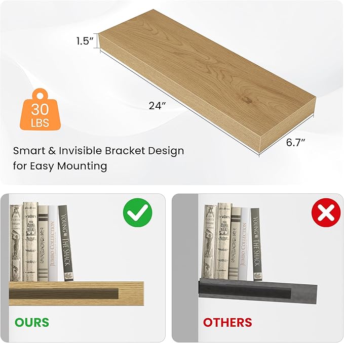 Floating Shelves for Wall, 24" W x 6.7" D x 1.5" H, Wooden Wall Mounted Display Shelves with Invisible Brackets for Living Room, Bedroom, Bathroom, Kitchen Decor and Storage, Set of 2, Oak-Ruum Studio Home