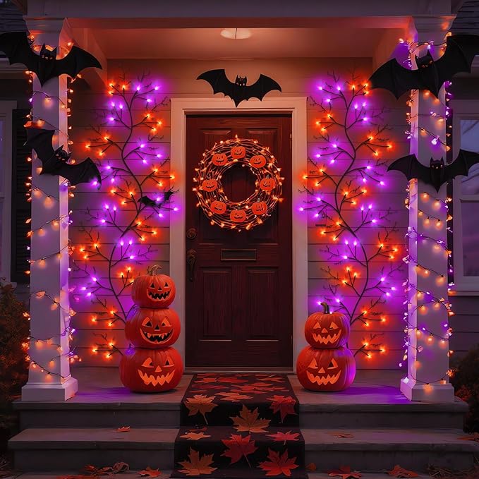 7 Ft Halloween Decorations Willow Vine Twig Garland with 8 Modes Timer 63 LED Orange Purple Lights, Halloween Garland with Waterproof Battery Operated for Wall Fireplace Decorations Indoor Outdoor-Ruum Studio Home