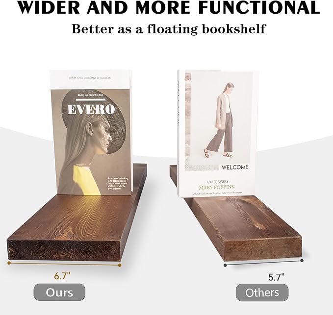 BGMG 36 inch Walnut Floating Shelves for Wall Set of 2, Solid Real Wood Rustic Mount Shelves for Living Room Bedroom Kitchen Farmhouse with Sturdy Hidden Bracket-36x 6.7 x1.25 inch-Ruum Studio Home