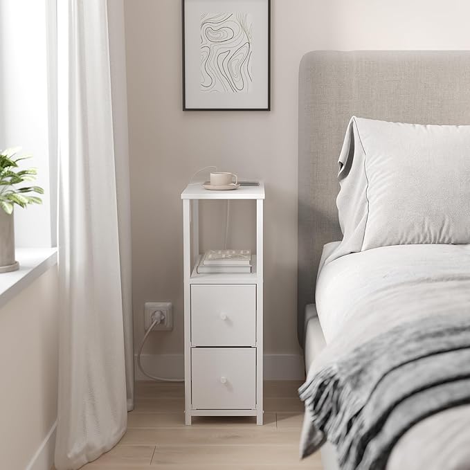 TUTOTAK Small Narrow LED End Table with Charging Station, Side Table Outlets, Nightstand with 2 Cloth Drawers, Couch Table, for Living Room, Bedroom, Bedside, White TB01BW085L-Ruum Studio Home