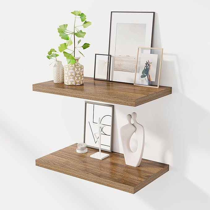 24" Floating Shelves for Wall, 12" Deep Slim Walnut Floating Shelves, Wall-Mounted Shelves for Bedroom, Living Room, Kitchen, Bathroom - Set of 2-Ruum Studio Home