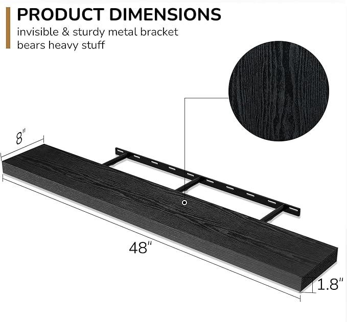 Fun Memories 48 Inch Floating Shelves - Fireplace Mantel Shelf - Deep Wall Mounted Wood Storage Shelf for Bedroom, Kitchen, Farmhouse - 1 Pack, Rustic Black-Ruum Studio Home