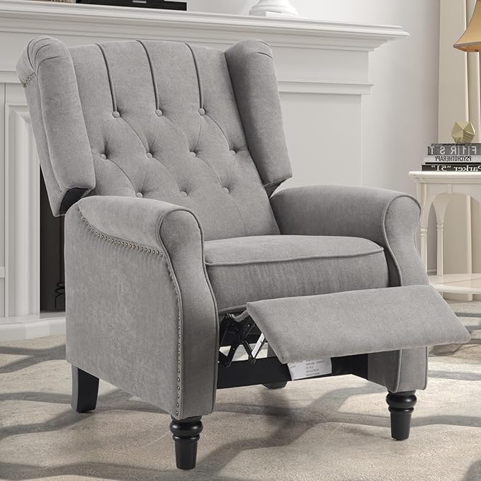 EBELLO 2 Pcs Pushback Recliner Chairs, Fabric Armchair Push Back Recliner with Rivet Decoration, Single Sofa Accent Chair for Living Room, Bedroom, Grey-Ruum Studio Home