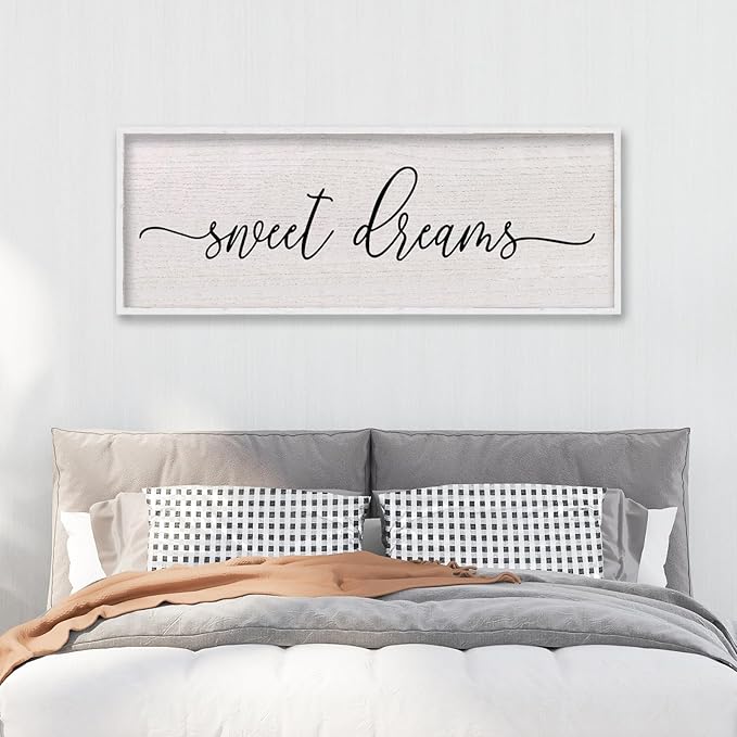 LuZhiQiang Sweet Dreams Wall Decor Sign 40"X15" Master Bedroom Over Bed Wall Wood Framed Art (White)-Ruum Studio Home