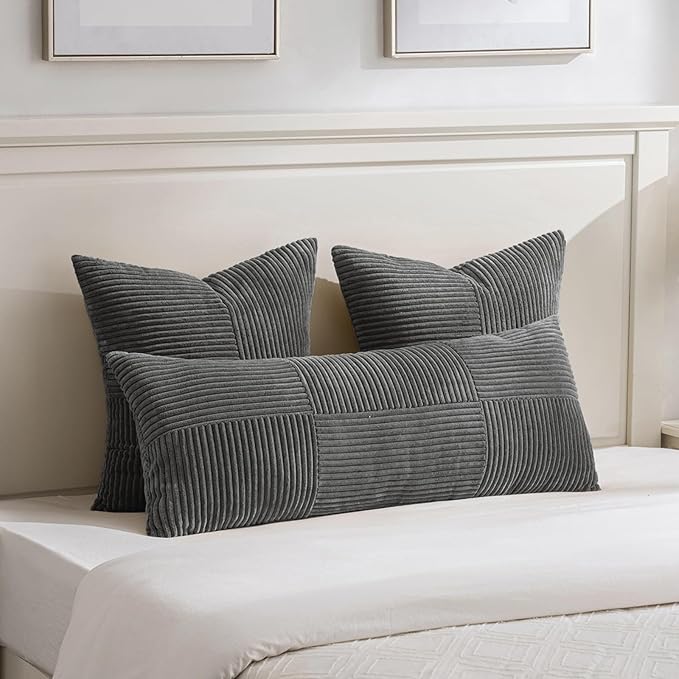 Fancy Homi 2 Packs Dark Gray Euro Decorative Throw Pillow Covers 26x26 Inch for Couch Bed Sofa, Rustic Farmhouse Boho Home Decor, Soft Corss Corduroy Patchwork Textured Square Cushion Case 66x66 cm-Ruum Studio Home