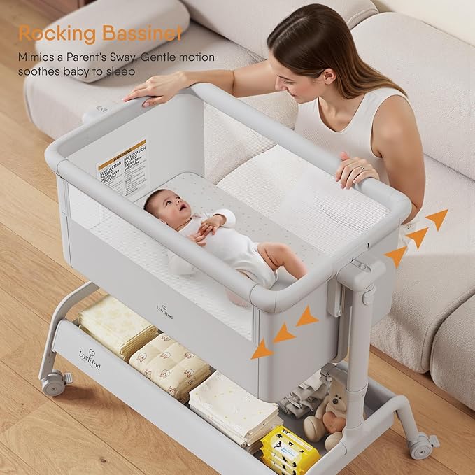 3-in-1 Baby Bassinet, Rocking Bassinet, Bedside Bassinet for Baby, Stable and Secure Bassinet Bedside Sleeper for Newborn & Infant, 6 Height Adjustable with Wheels, Mattress & Breathable Mesh-Ruum Studio Home