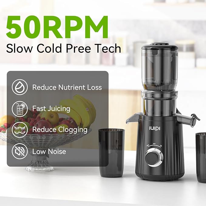 Cold Press Juicer, Slow Masticating Juicer Machines for Whole Vegetable and Fruit, 4.3" Feed Chute, BPA Free, Quiet Easy Clean Juicer to Unlock Fresh & Nutritious Juices (Black)-Ruum Studio Home
