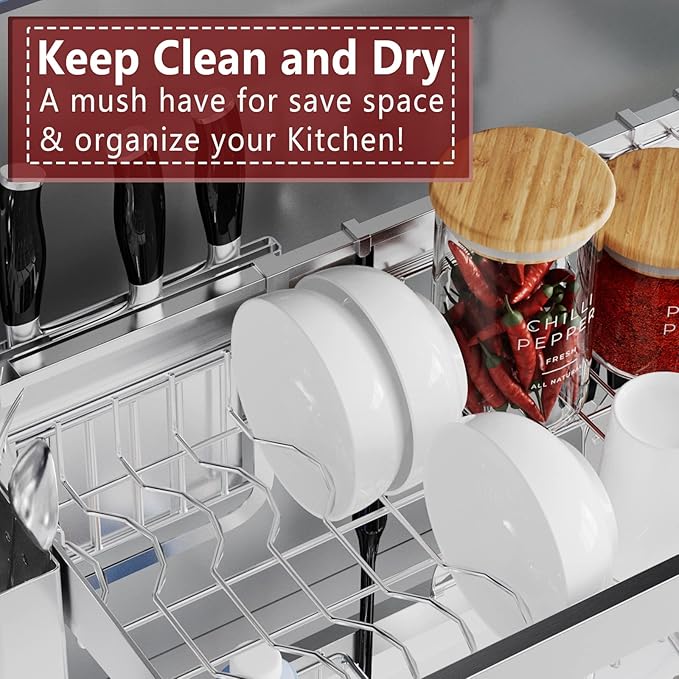VNKZI Over Sink Dish Drying Rack, 2 Tier Full Stainless Steel Storage Adjustable Length (25.98'' to 36.61'') Kitchen Rack, Multifunctional Expandable Counter Organizer, Space Saver Dish Rack-Ruum Studio Home