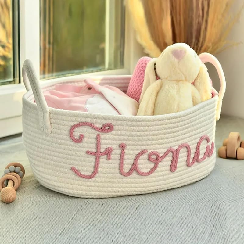 Personalized Baby Name Basket, Custom Woven Baby Shower Gift Basket with Cotton Rope Handle Baby Diaper Nursery Shelf Storage Basket Bin for Kids' Bedroom (Style 4)-Ruum Studio Home