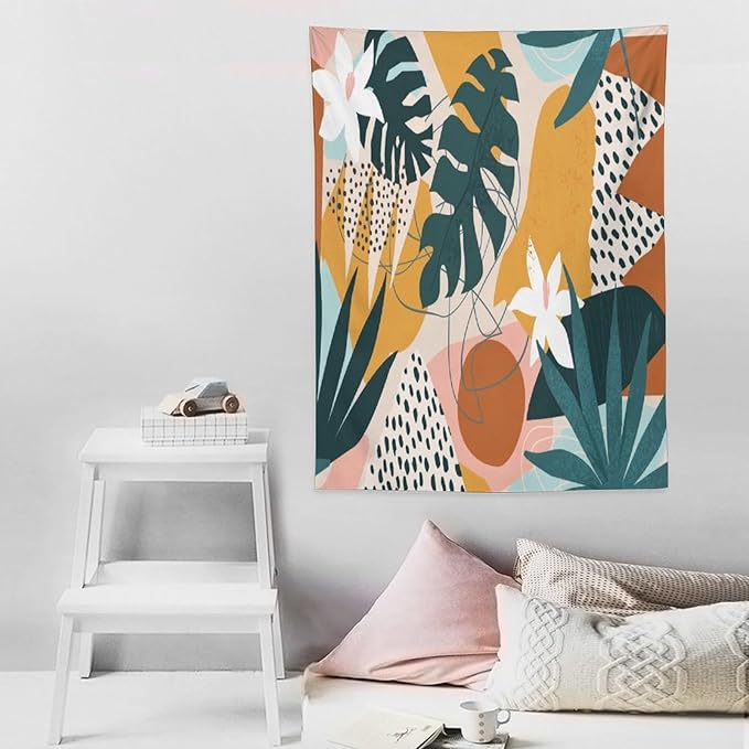 Abstract Bohemian Mid Century Tapestry, Tropical Leaves Modern Geometric Archway Minimalist Bohemian Botanical Aesthetic Wall Hanging, Sage Green Gold Home Decor Art for Bedroom 50x60 Inch-Ruum Studio Home