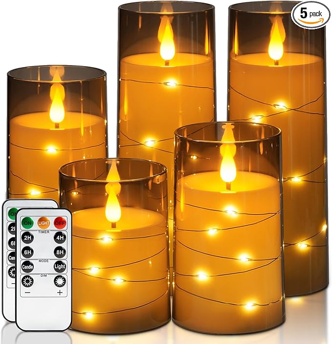 Homemory Flameless Candles with Embedded Star String Fairy Lights, Battery Operated Candles, LED Candle, Fake Candles with Remote Control and Timer for Halloween, Gray Acrylic, Set of 5(H4"5"6"8"8")-Ruum Studio Home