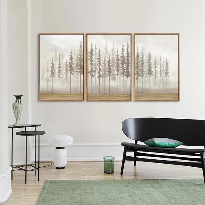 SIGNINART Large Pine Tree Framed Canvas Wall Art Set, Foggy Forest Landscape Wall Decor, Modern Beige Nature Artwork, Misty Forest Wall Painting for Living Room, Bedroom,Office 16 x24 x3-Ruum Studio Home