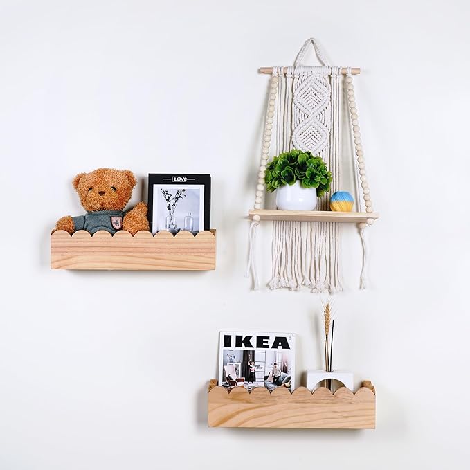 Wooden Macrame Wall Hanging w/Shelf & Sturdy Beaded Rope - Handmade Modern Living Room Decor - Macrame Wall Decor to Securely Hold Plants & More - Beautiful Boho Decorations for Interior Design-Ruum Studio Home