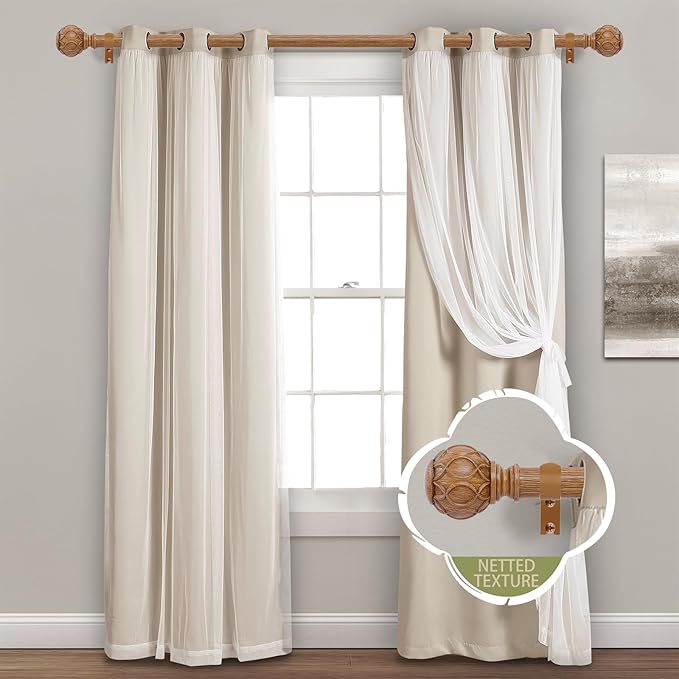 2 Pack Wood Curtain Rods for Windows 48 to 84 Inch(4-7ft),1 Inch Adjustable Curtain Rod,Heavy Duty Curtain Rods,Wooden Netted Texture Drapery Rods,Single Window Curtain Rod 36-88",Brown Wood-Ruum Studio Home