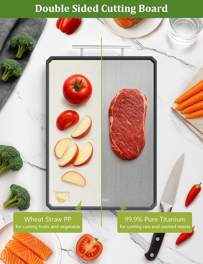 Titanium Cutting Boards for Kitchen, 2 in 1 Metal Cutting Board for Chopping Meat/Vegetables, Double Sided Pure Titanium&Wheat Straw PP Chopping Board, Food-Grade, Dishwasher Safe Large 16.3”×11-1 PC-Ruum Studio Home