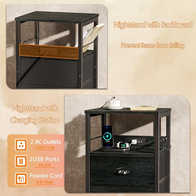 Furologee Nightstand Set of 2, Black Oak, with Charging Station and USB Ports, Side Tables with 2 Fabric Drawers, Bedside Tables with Storage Shelf & Hooks, for Living Room/Bedroom-Ruum Studio Home
