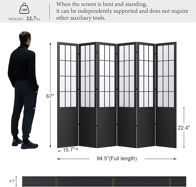 Room Divider, 66.9Inch Tall Japanese Shoji Style Folding Wood Screen with Double Hinges for Home Office Bedroom Hotel Decoration (6Panels, Black)-Ruum Studio Home