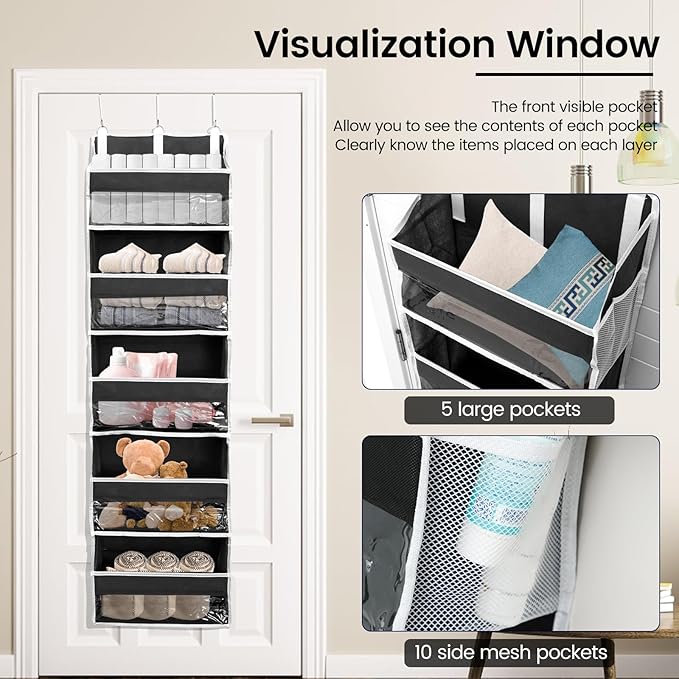 Over the Door Organizer with 5 Large Pockets and 10 Side Mesh Pockets Visible Closet Hanging Organizer Large Capacity Behind Door Storage Organizer for Home Office Bathroom Bedroom-Ruum Studio Home