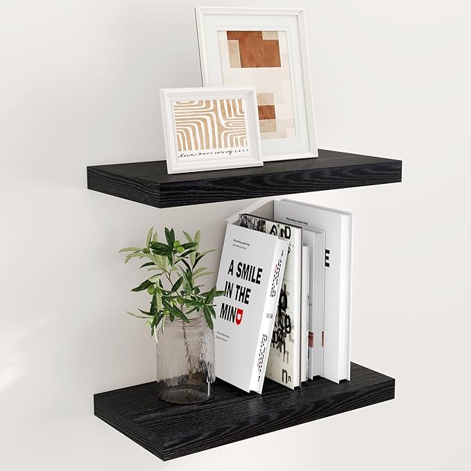 Fun Memories Black Floating Shelves 16 Inch Long, 9 Inch Deep Wall Shelf for Bathroom, 16 x 9 Floating Shelf for Living Room, Bedroom, Kitchen, Rustic Wood Shelves for Wall, Set of 2-Ruum Studio Home