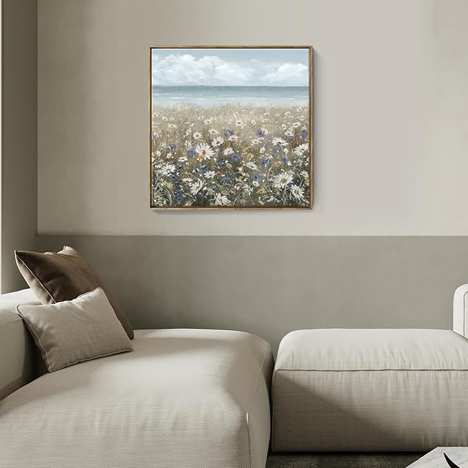 Framed Wall Art for Bedroom Decor Farmhouse Boho Beach Coastal Vintage Floral Ocean Wall Picture Daisy Flowers Sea Canvas Print Nautical Neutral Seascape Artwork for Home Living Room Bedroom Office-Ruum Studio Home