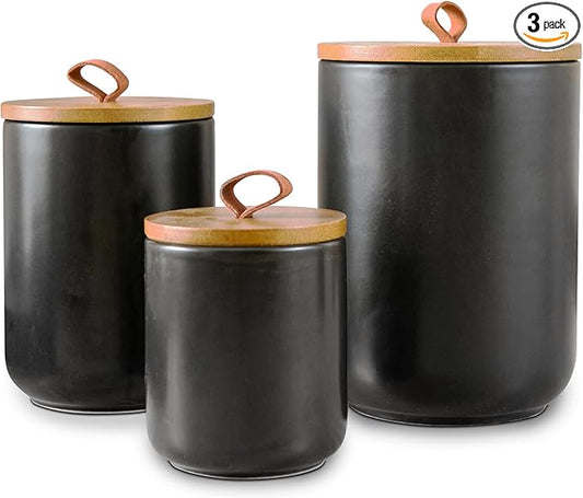 Black Canister Sets for Kitchen, 3pcs Ceramic Canisters with Airtight Wooden Lid, Food Storage Jar, Large Kitchen Storage Containers for Serving Coffee Beans, Tea, Sugar, Salt, Spices-Ruum Studio Home