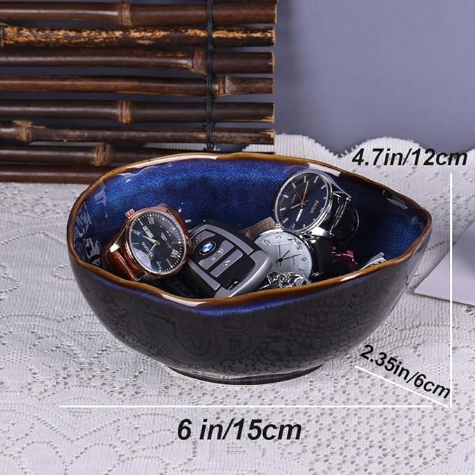 6" Blue Ceramic Decorative Bowl, Entryway Table Decor Pottery Key Bowl, Candy Dish, Salad Bowl, Blue Decor Small Jewelry Trinket Dish for Bedroom, Centerpiece, Bedside Table, Living Room Decor-Ruum Studio Home