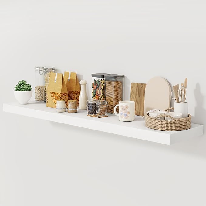 Fun Memories White Floating Shelves 55 Inch Long, 12 Inch Deep Floating Shelves for Wall, 55 x 12 Large Wall Shelf for Fireplace Mantel, 2 Inch Thick Storage Shelves for Living Room, Bedroom, 1 Pack-Ruum Studio Home