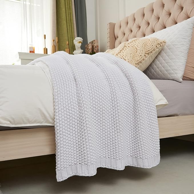 Chunky Cable Knit Throw Blanket Lightweight White 100% Organic Cotton Blanket for Sofa Couch Bed Baby Nursery, Rustic Shabby Chic Modern Farmhouse, Pure White 51” x 63” Give Laundering Bag-Ruum Studio Home