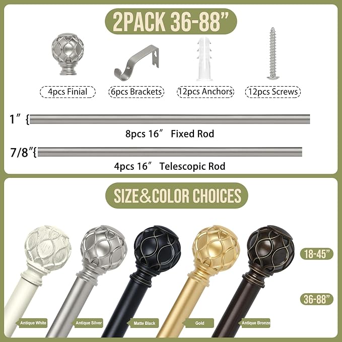 Silver Farmhouse Curtain Rods for Windows:Heavy Duty Adjustable Curtain Rod for Bedroom Living Room,Boho Decorative Rustic Drapery Rods with Vintage Coastal Finial,Antique Silver 2 Pack 36-88"-Ruum Studio Home