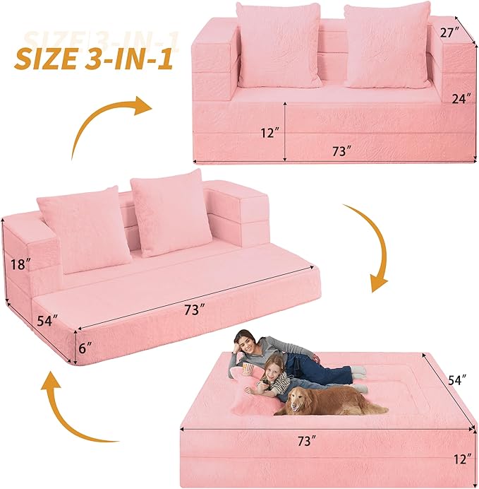 Folding Bean Bag Chair for Adults,3-in-1 Bean Bag Couch Faux Fur Floor Sofa Large Beanbag Convertible Bean Bag Sofa Bed with Pillow in Bedroom,Living Room,Apartment(Queen,Pink)-Ruum Studio Home