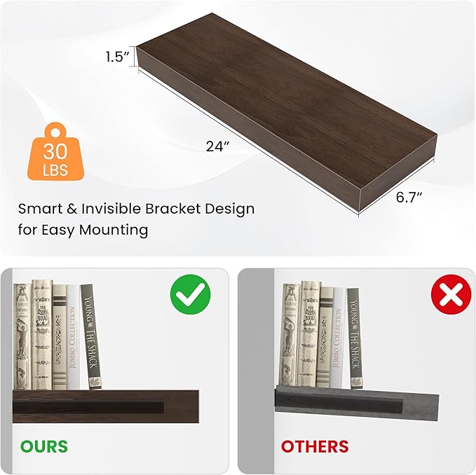 Floating Shelves for Wall, 24" W x 6.7" D x 1.5" H, Wooden Wall Mounted Display Shelves with Invisible Brackets for Living Room, Bedroom, Bathroom, Kitchen Decor and Storage, Set of 2, Walnut-Ruum Studio Home