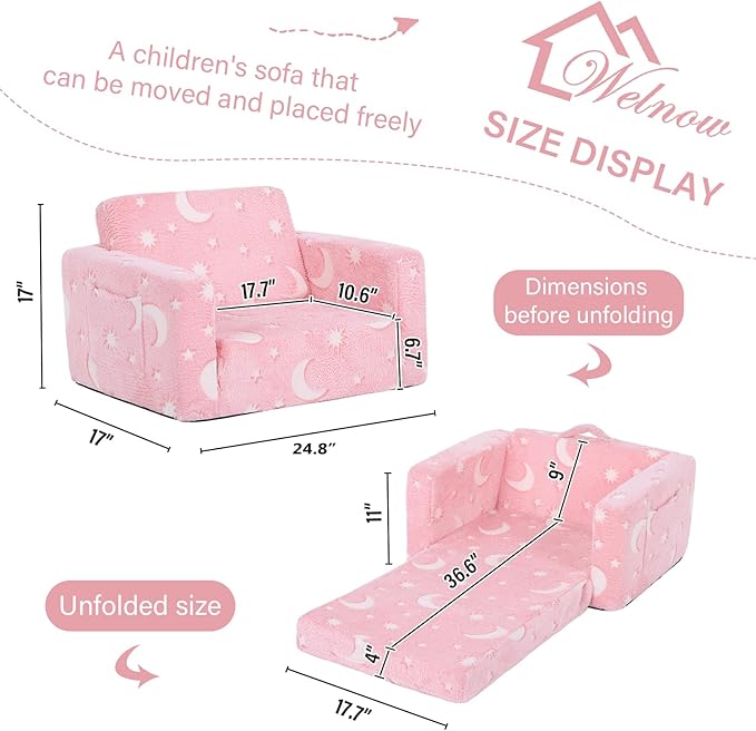 Welnow 2-in-1 Kids Sofa Chair, Glow in The Dark Convertible Toddler Chair Flip Out Children Sofa Chair Folding Kids Play Sofa with Side Pockets & Removable Cover Armrest Chair for Girl or Boy-Ruum Studio Home