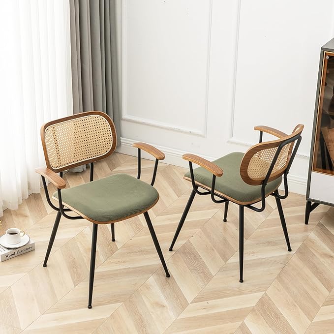 Rattan Dining Room Chairs Set of 2,Mid Century Modern Kitchen Side Chairs,Metal Legs Desk Chairs,Green Modern Corduroy Fabric Accent Chairs with Arms and Rattan Backrest-Ruum Studio Home